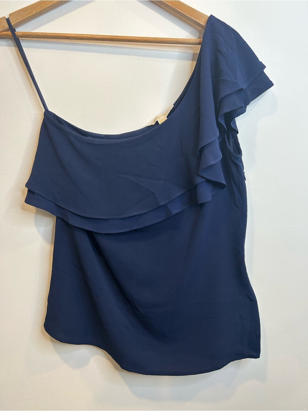 Michael Kors Ruffled Neckline One Shoulder Top Navy Blue